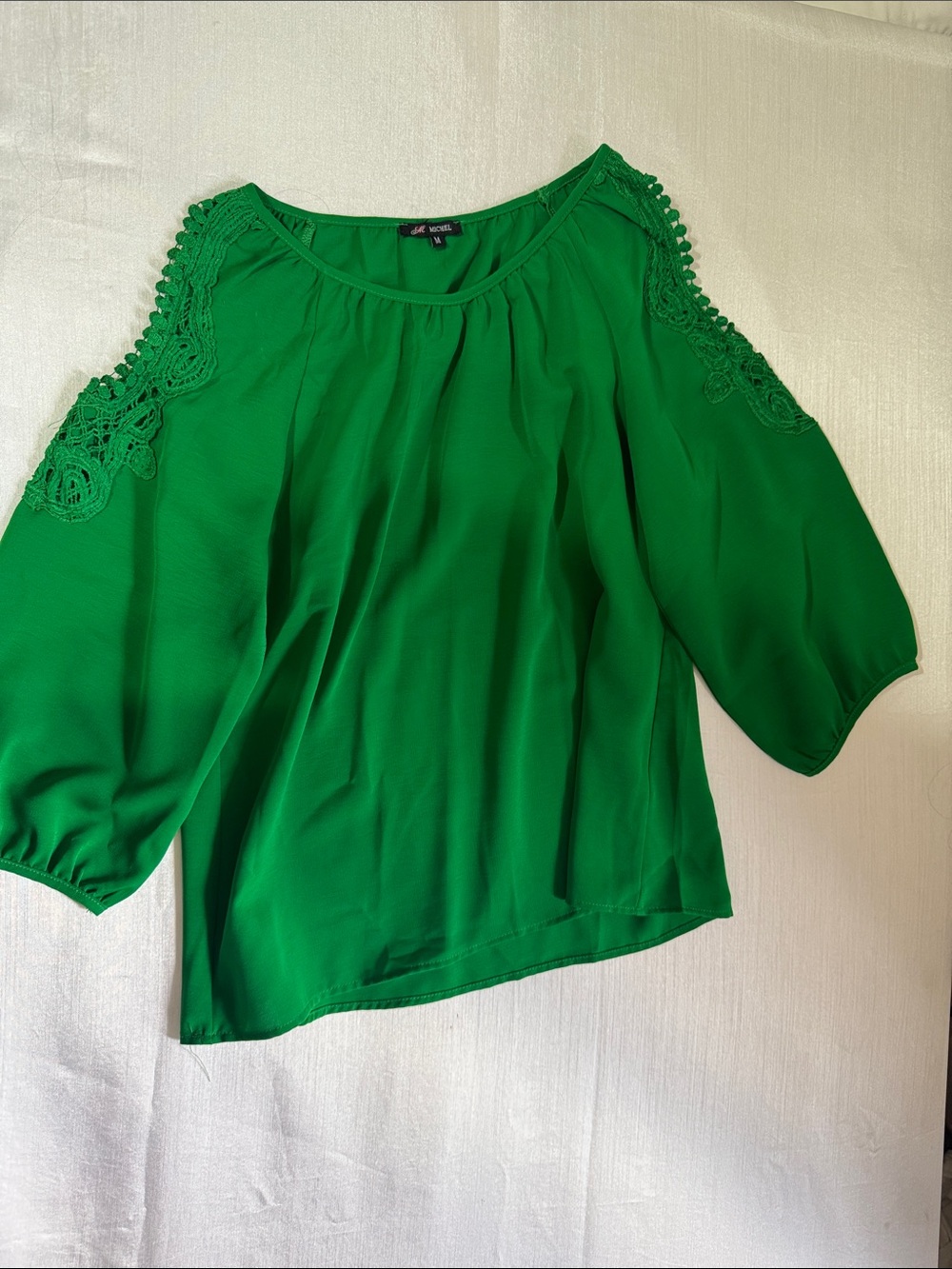 Ann Michell Emerald Green Cold-Shoulder Blouse with Crochet Detail0040